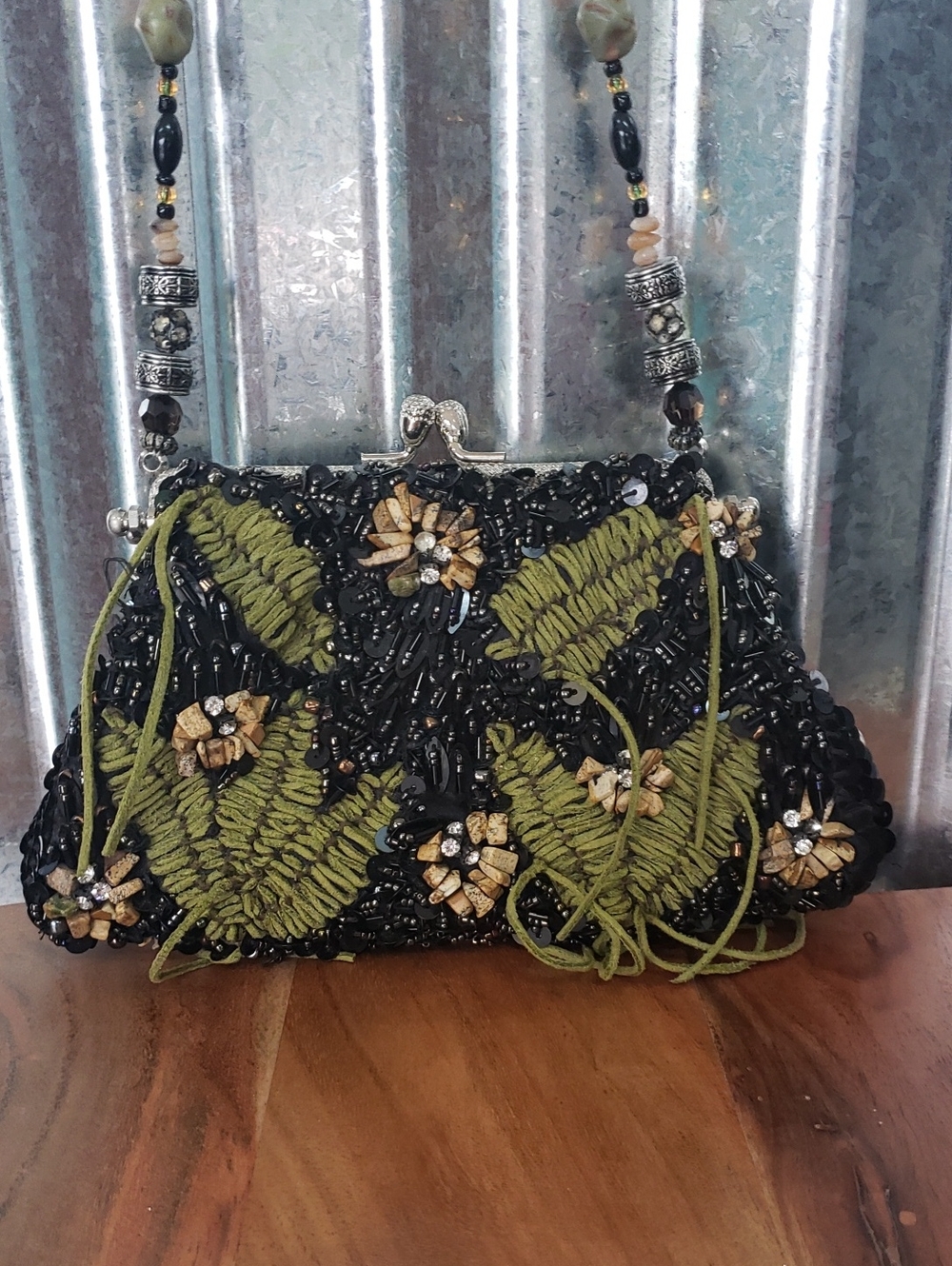 Beaded Floral Evening Clutch - Black & Olive